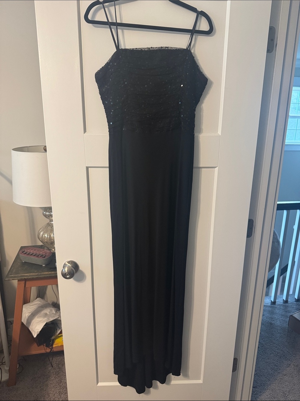 Black Sequin Bodice Strapless Evening Dress